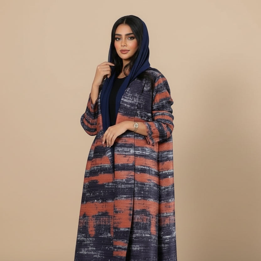 Pleated Sleeve Printed Cardigan Open Abaya Dress #25175