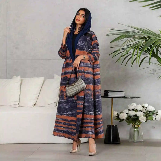 Pleated Sleeve Printed Cardigan Open Abaya Dress #25175