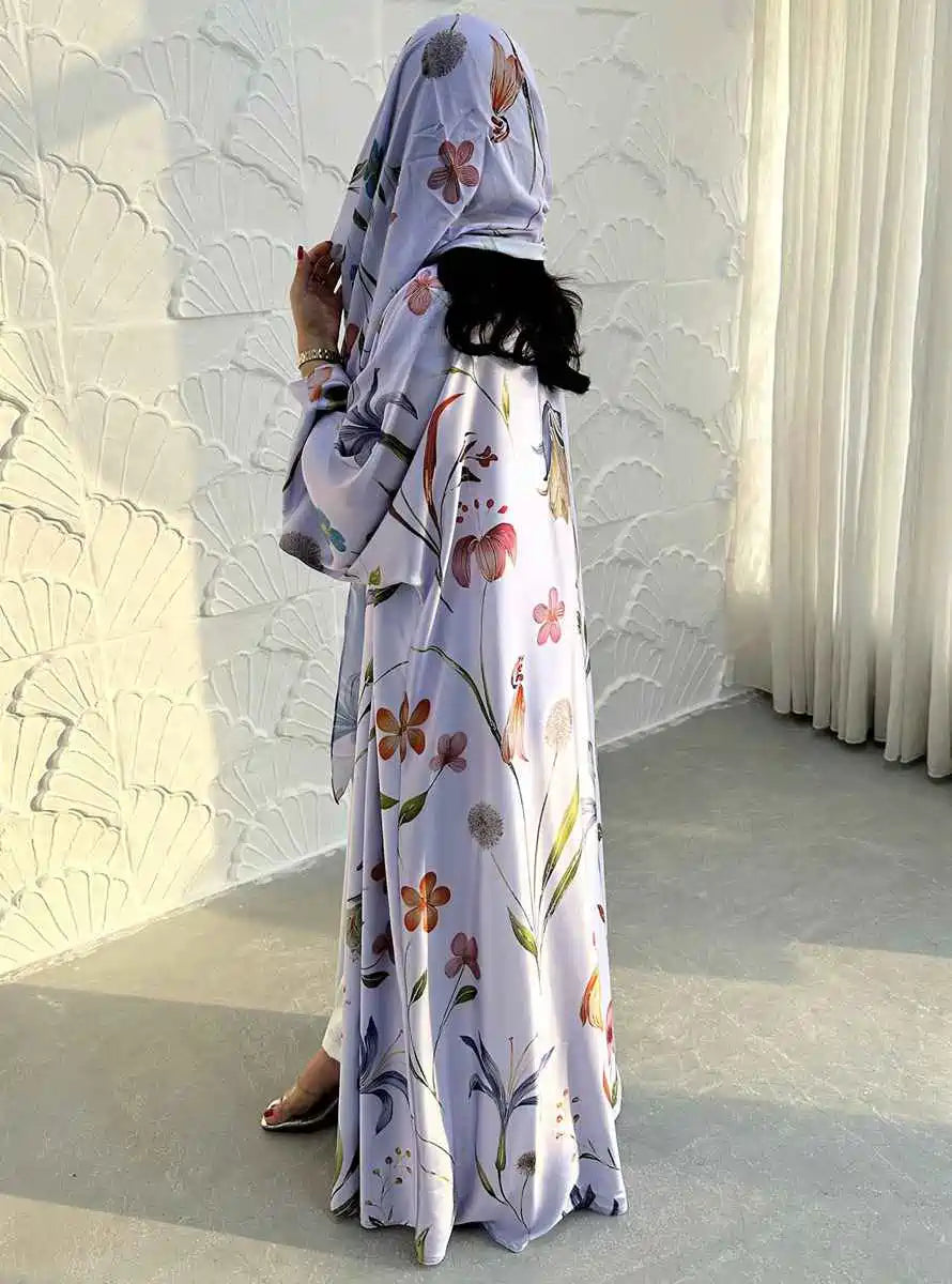 Muslim Women Printed Cardigan Open Abaya Dress With Matching Hijab #25252