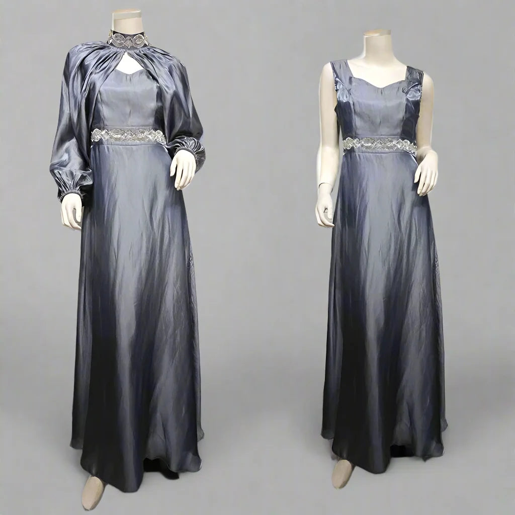 2 Pieces Hotfix Rhinestones Satin Abaya Dress With Inner Sleeveless Slip Dress