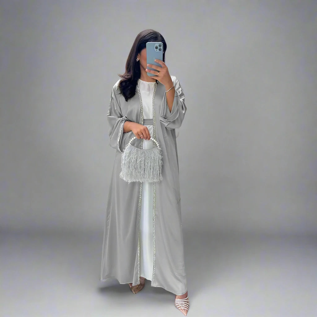 Hotfix Rhinestone Soft Light Satin Cardigan Open Abaya Dress