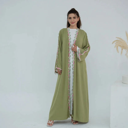 Flower Embroidery Nida Open Abaya Dress #251079