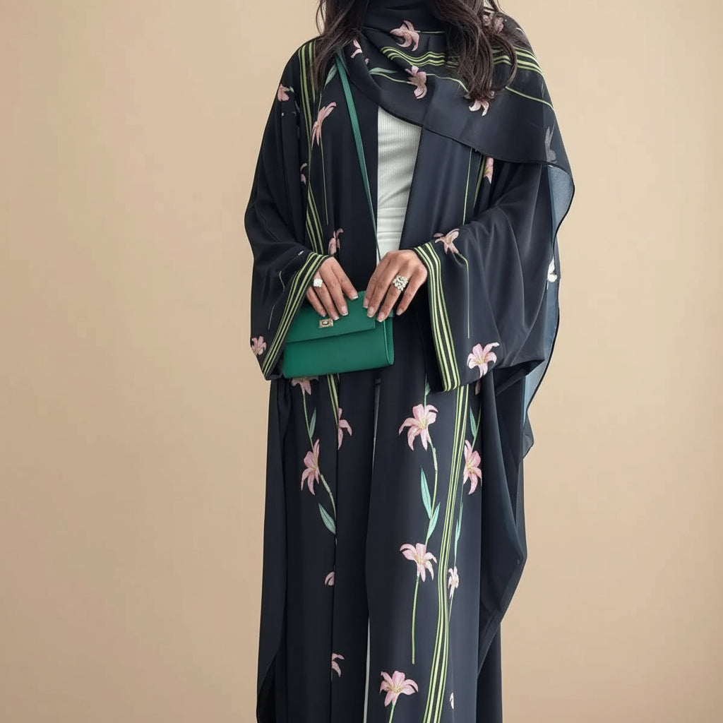 Muslim Women Dubai Printed Cardigan Open Abaya Dress With Matching Hijab #25237