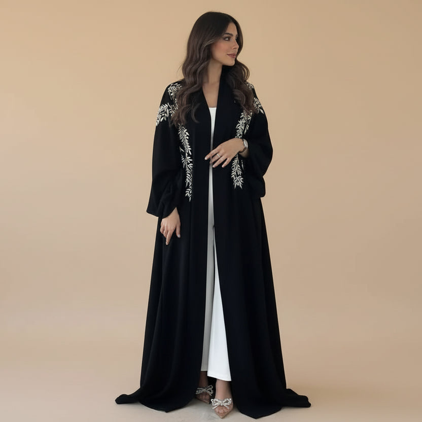 Cardigan Open Abaya Dress - Embroidery - Black - #25188