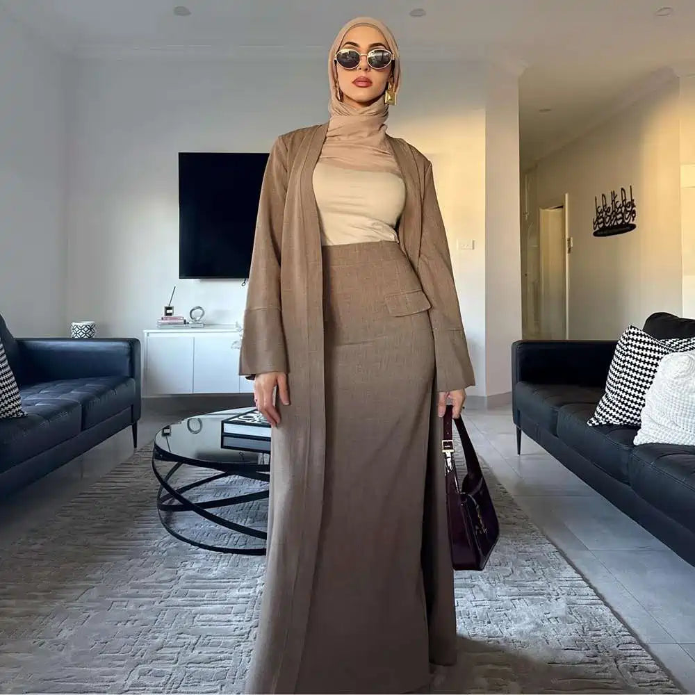 Muslim Women 2 Pieces Set Open Abaya Dress With Skirt #251072