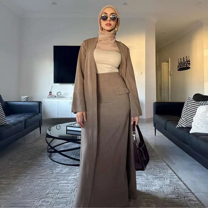 Muslim Women 2 Pieces Set Open Abaya Dress With Skirt #251072