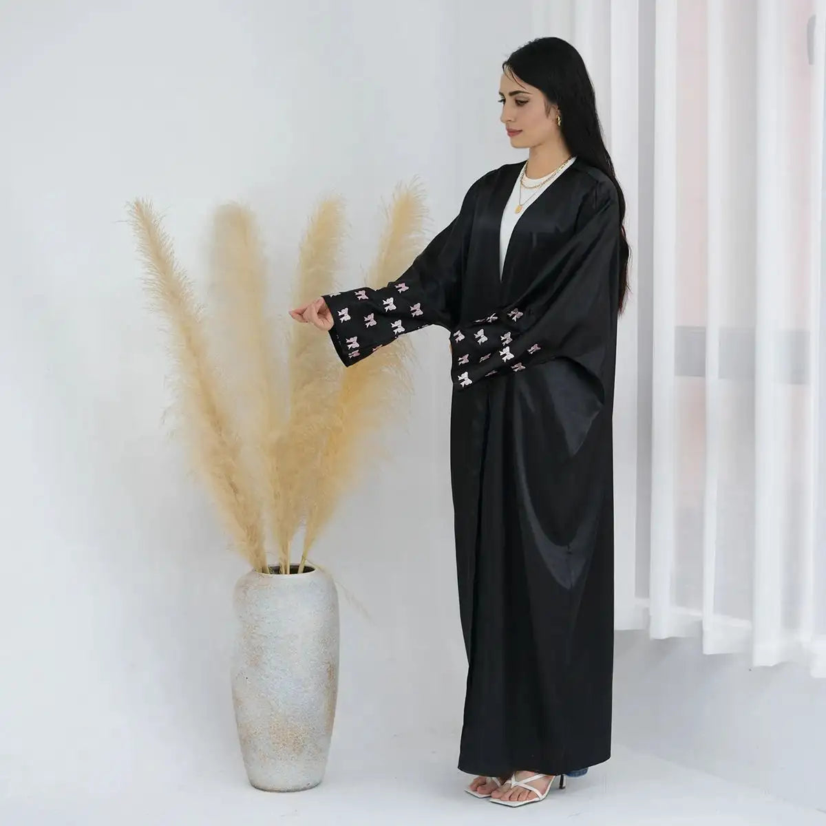 Bows Embroidery Sleeve Cardigan Open Abaya Dress