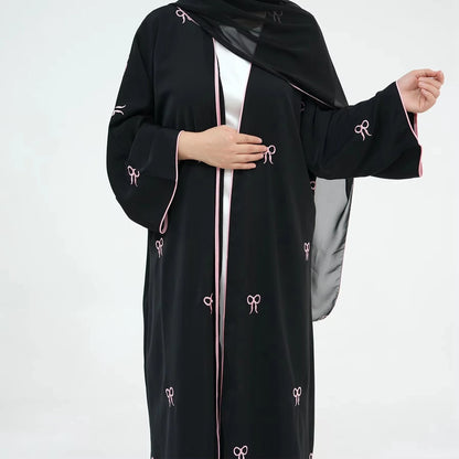 Bow Embroidery Nida Cardigan Open Abaya Dress #24910