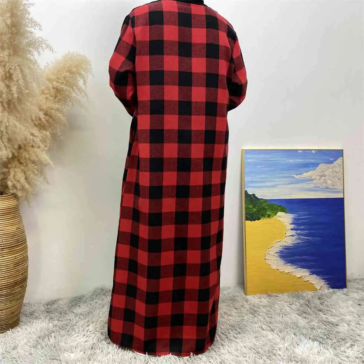 Muslim Women Plaid Open Abaya Dress