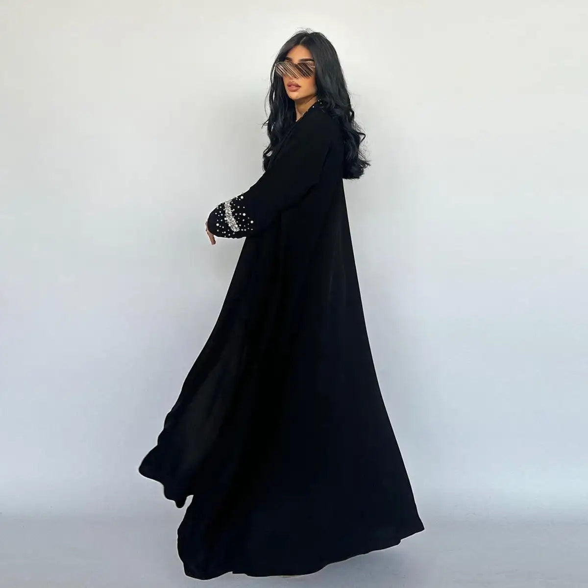 With Hijab Hotfix Rhinestone Beads Cardigan Open Abaya Dress