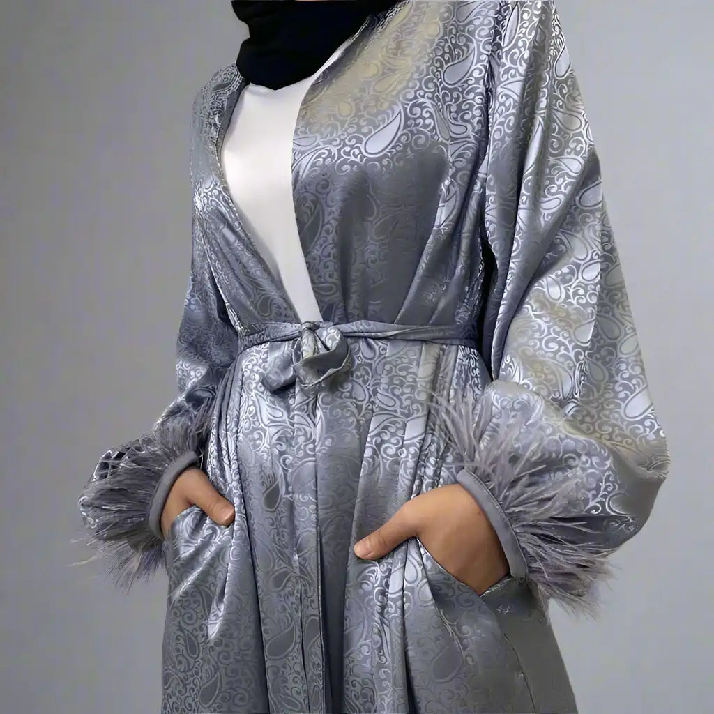 Muslim Women Printed Satin Open Cardigan Abaya Dress With Feather Puff Sleeve