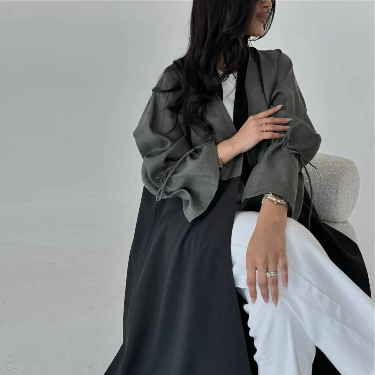 Belted Cuff Cardigan Open Abaya Dress