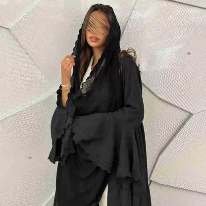 Embroidery Flare Sleeve Cardigan Open Abaya Dress #25232