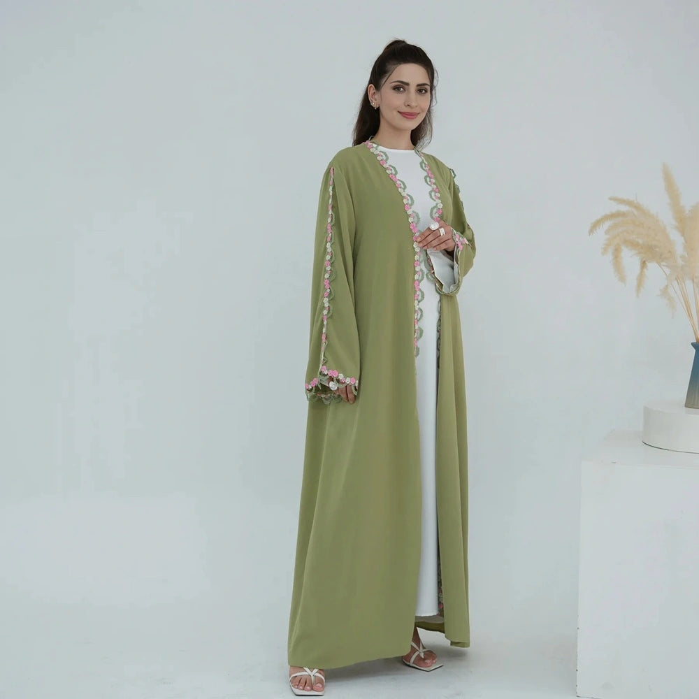 Flower Embroidery Nida Open Abaya Dress #251079