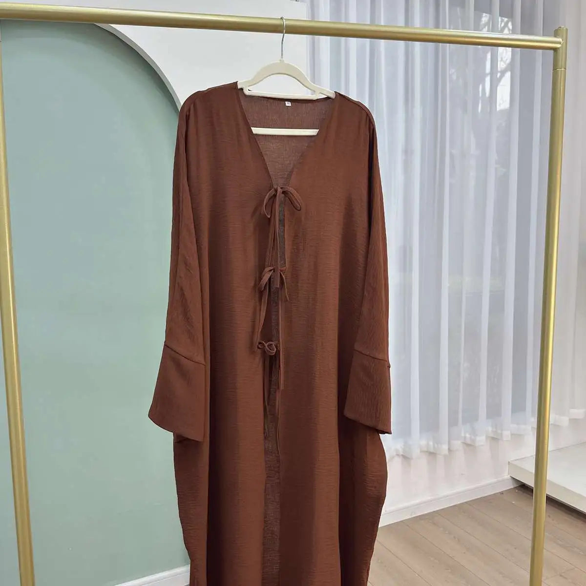 Wrinkle Belted Cardigan Open Abaya Dress