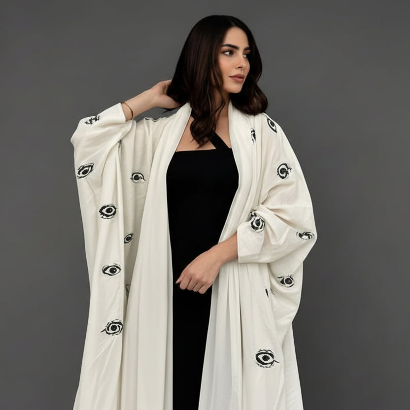 Evil Eye Embroidery Cardigan Open Abaya Dress #25173