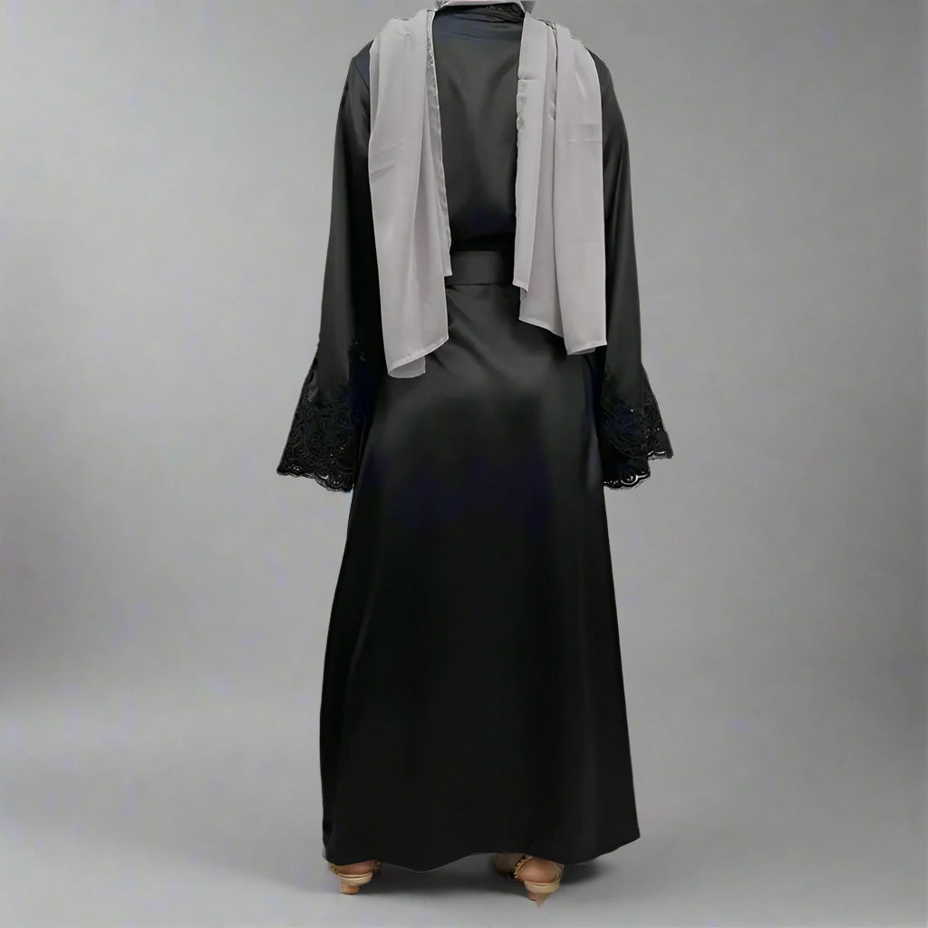 Satin Embroidery Sleeve Open Abaya Dress For Muslim Women