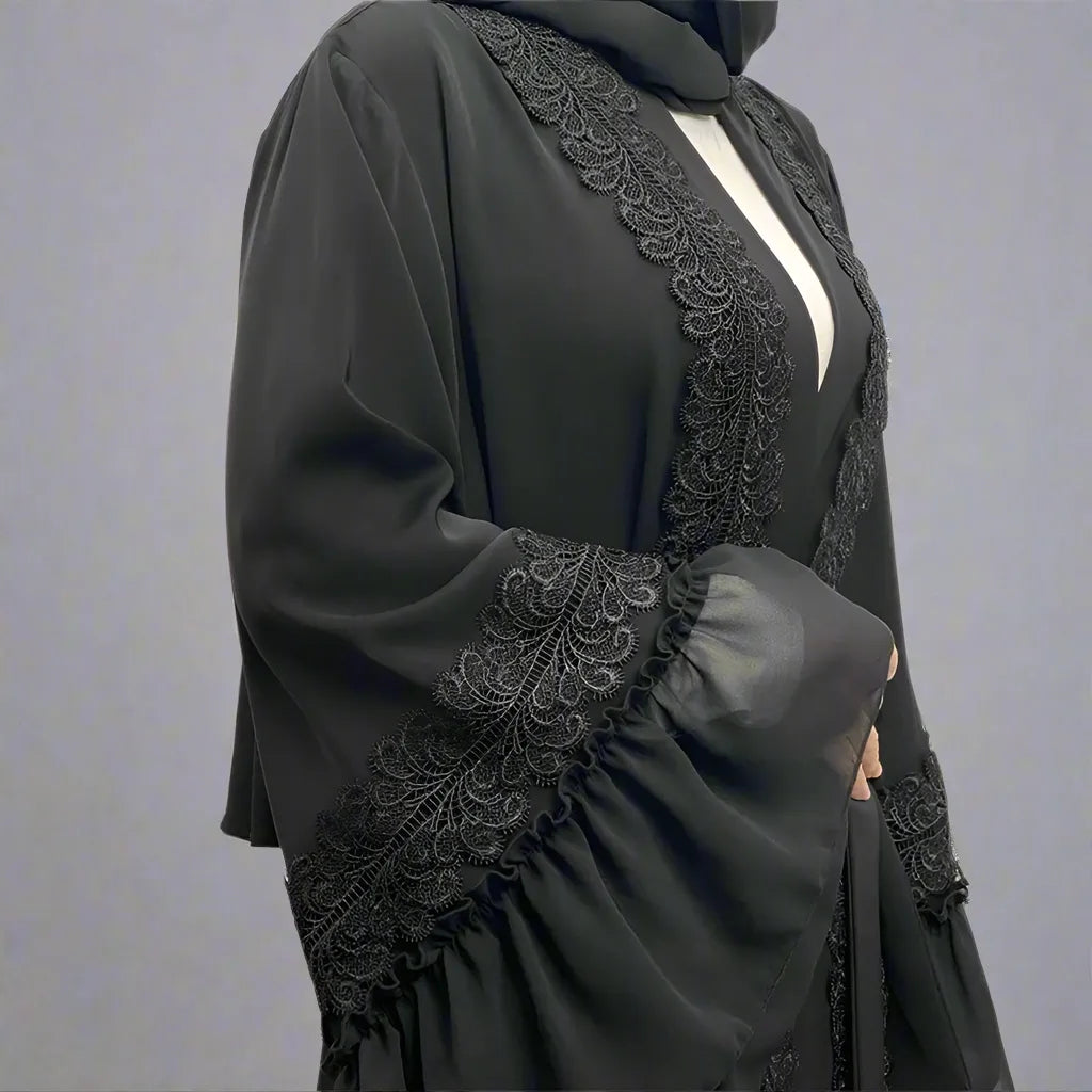 Flower Embroidery Open Abaya Dress For Muslim Women