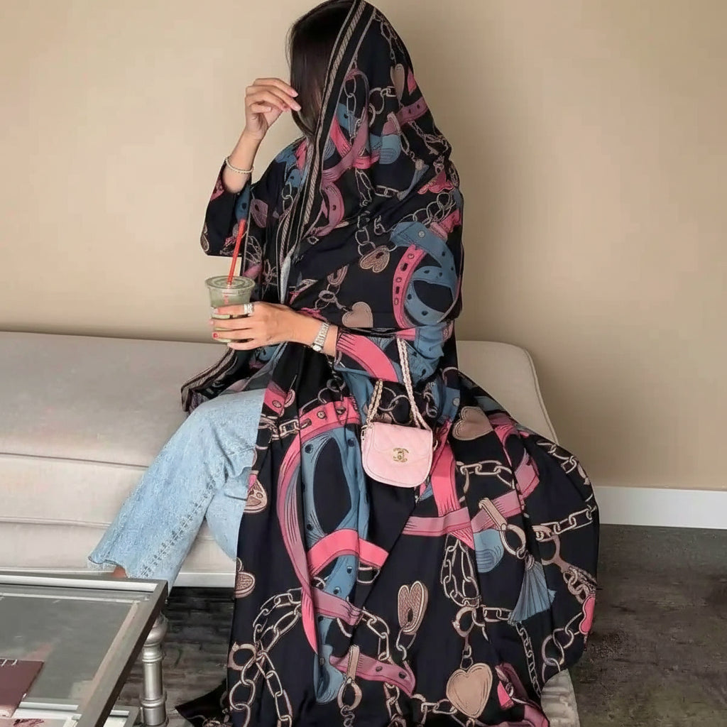 Printed Cardigan Open Abaya Dress With Matching Hijab For Muslim Women #25234