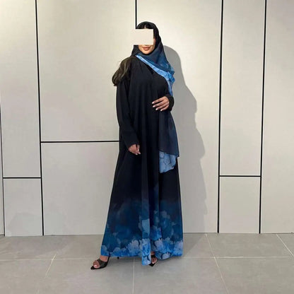 With Hijab Printed Chiffon Cardigan Open Abaya Dress