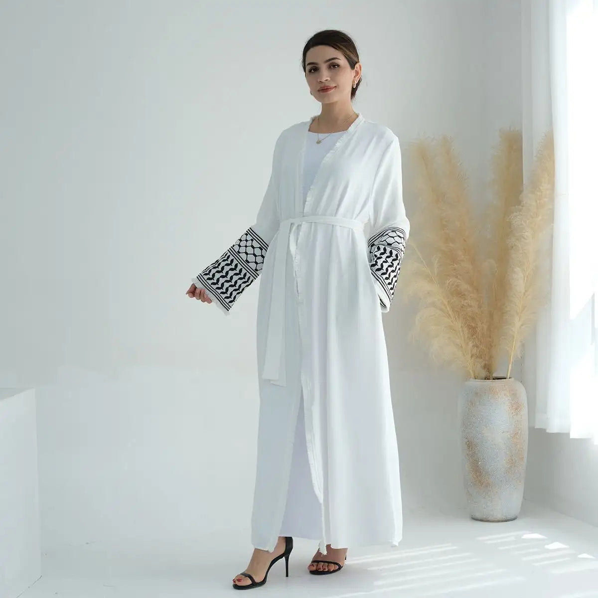 Palestine Keffiyeh Embroidery Sleeve Tassel Cardigan Open Abaya Dress