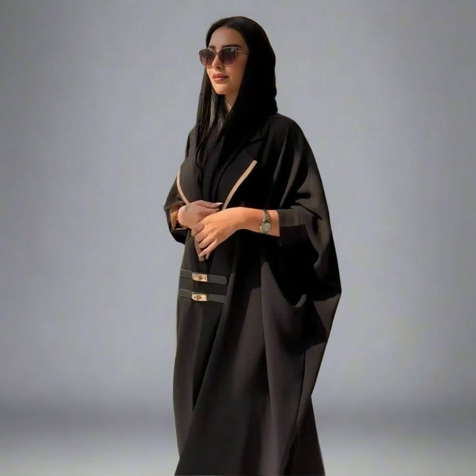 Batwing Sleeve Farasha Open Abaya Dress With Leather Belt
