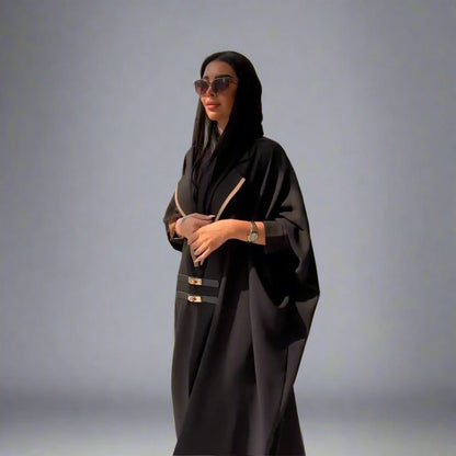 Batwing Sleeve Farasha Open Abaya Dress With Leather Belt