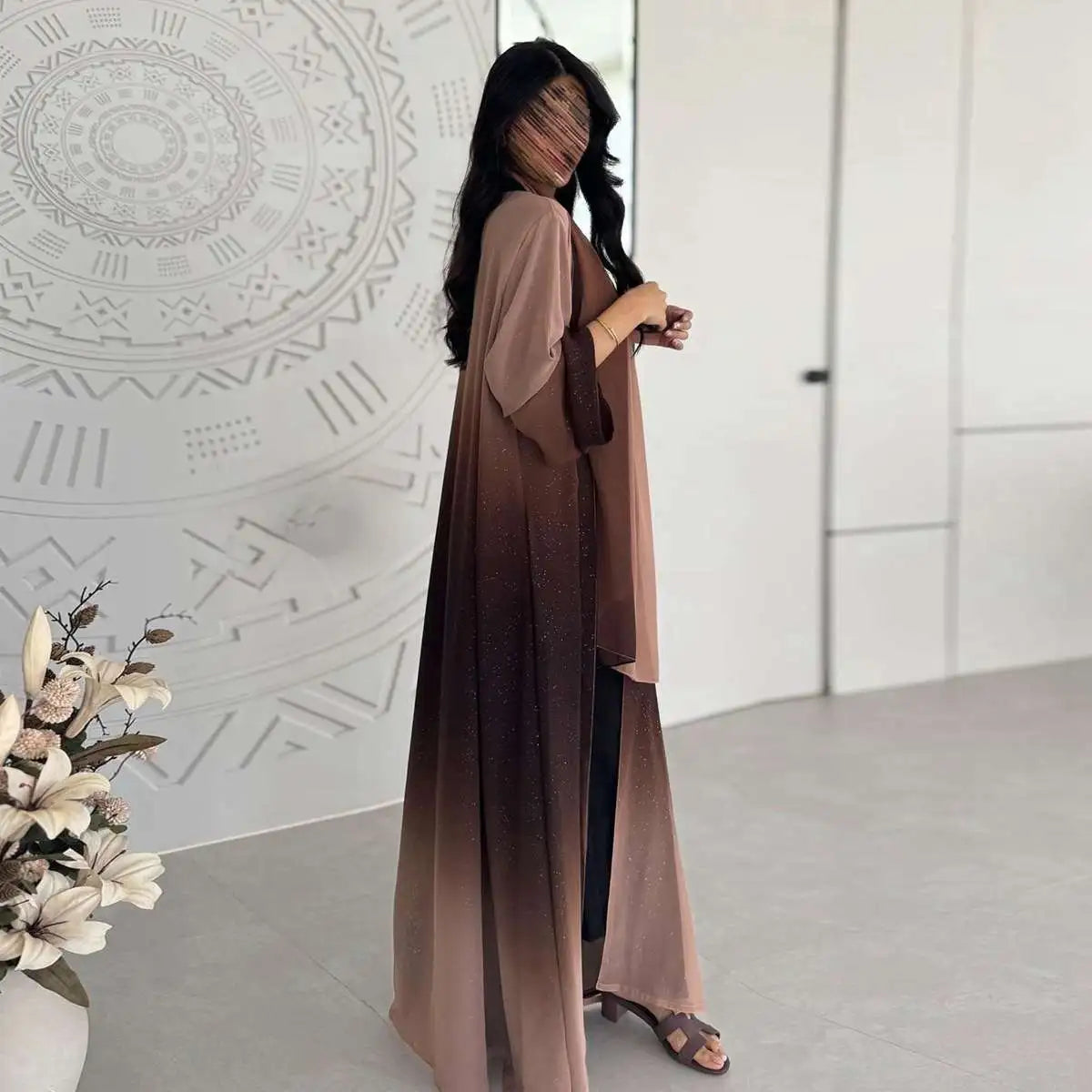 Glitter Chiffon Cardigan Open Abaya Dress