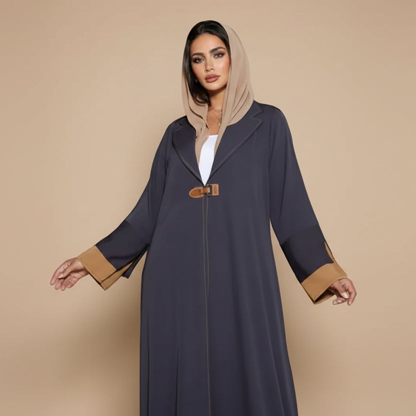 Women Open Abaya Dress - Pleated - Velvet Satin - Gray - #25171