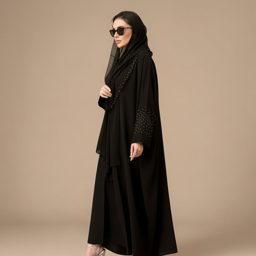 Hotfix Rhinestones Cardigan Open Abaya Dress - Black - #25206