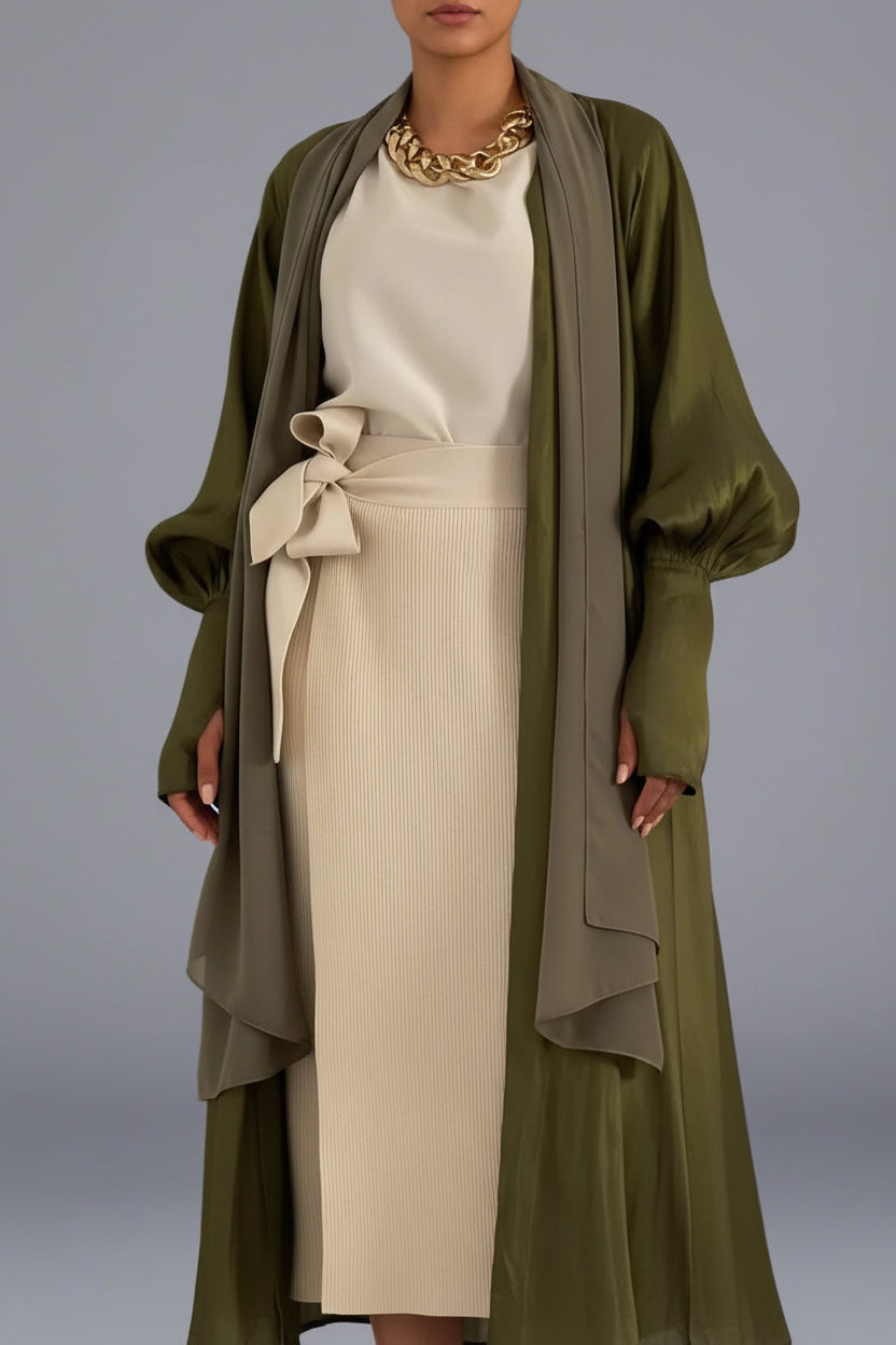 Army Green Muslim Women Open Cardigan Abaya Dress With Mushroom Button Sleeves