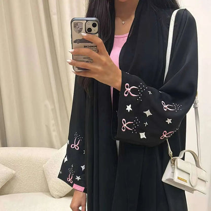 With Hijab Embroidery Cuff Satin Cardigan Open Abaya Dress