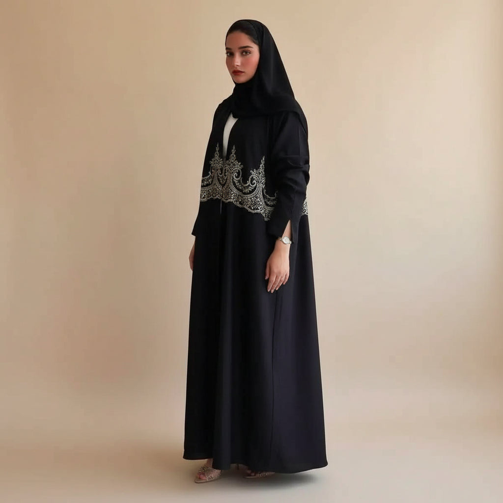 Muslim Women Islamic Applique Embroidery Cardigan Open Abaya Dress #25247