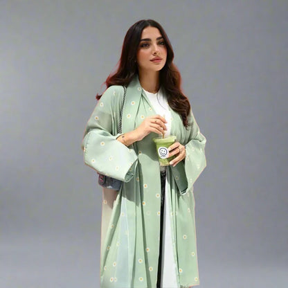 Light Green Flower Printed Cardigan Open Abaya Dress