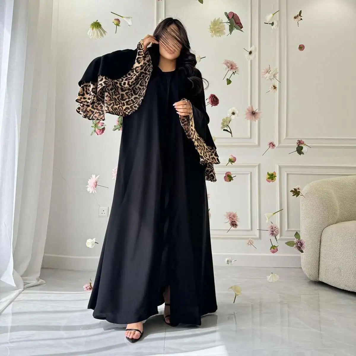 Leopard Print Cuff Cardigan Open Abaya Dress