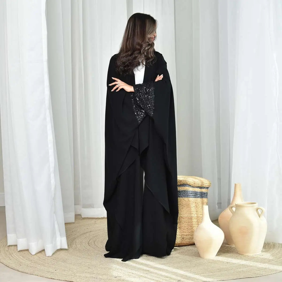 Sequins Cuff Cadigan Open Abaya Dress #24167