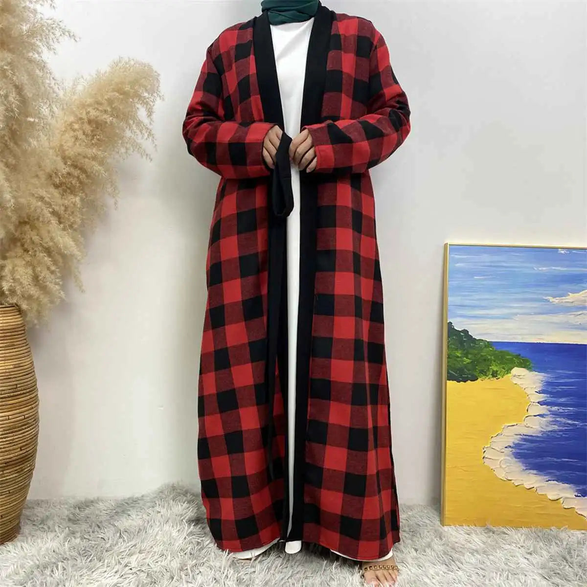 Muslim Women Plaid Open Abaya Dress