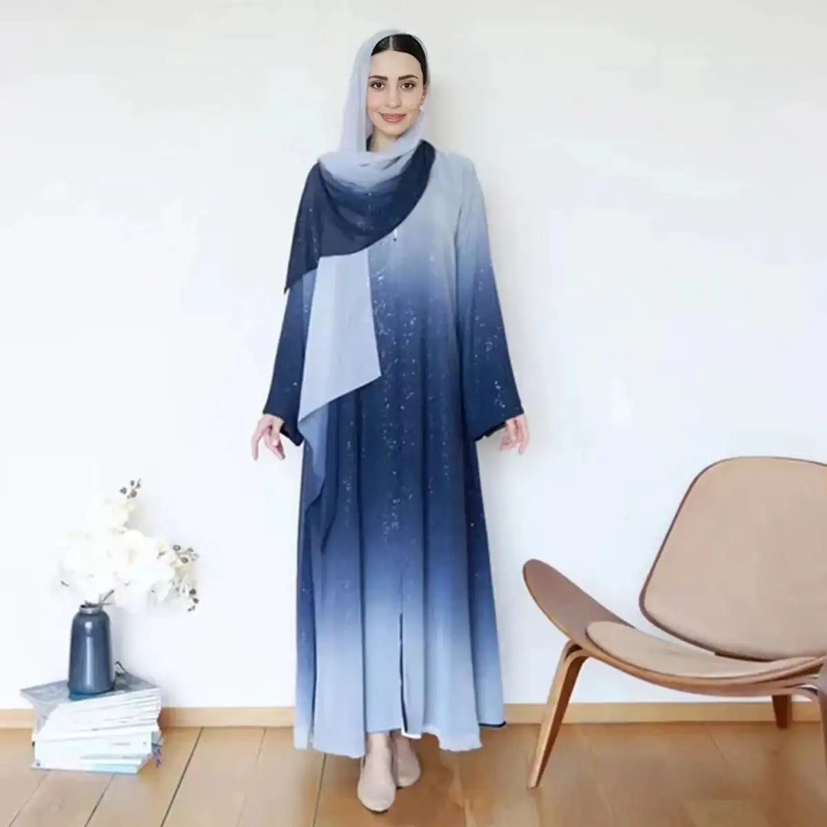 Ombre Gradient Glitter Chiffon Open Abaya Dress With Matching Hijab