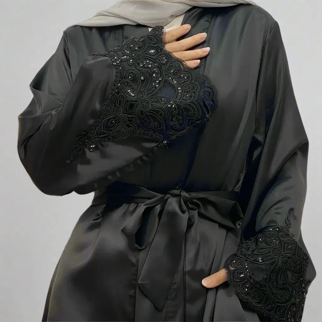 Satin Embroidery Sleeve Opne Abaya Dress For Muslim Women