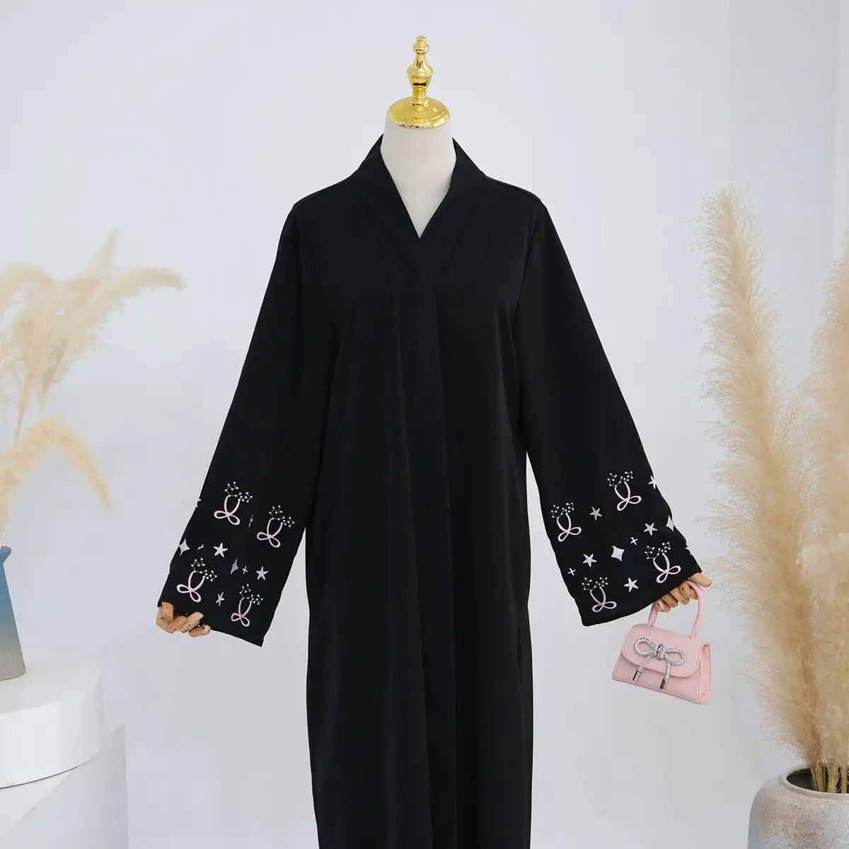 With Hijab Embroidery Cuff Satin Cardigan Open Abaya Dress