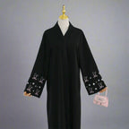 With Hijab Embroidery Cuff Satin Cardigan Open Abaya Dress