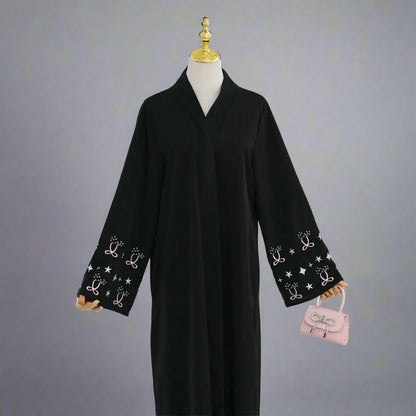 With Hijab Embroidery Cuff Satin Cardigan Open Abaya Dress