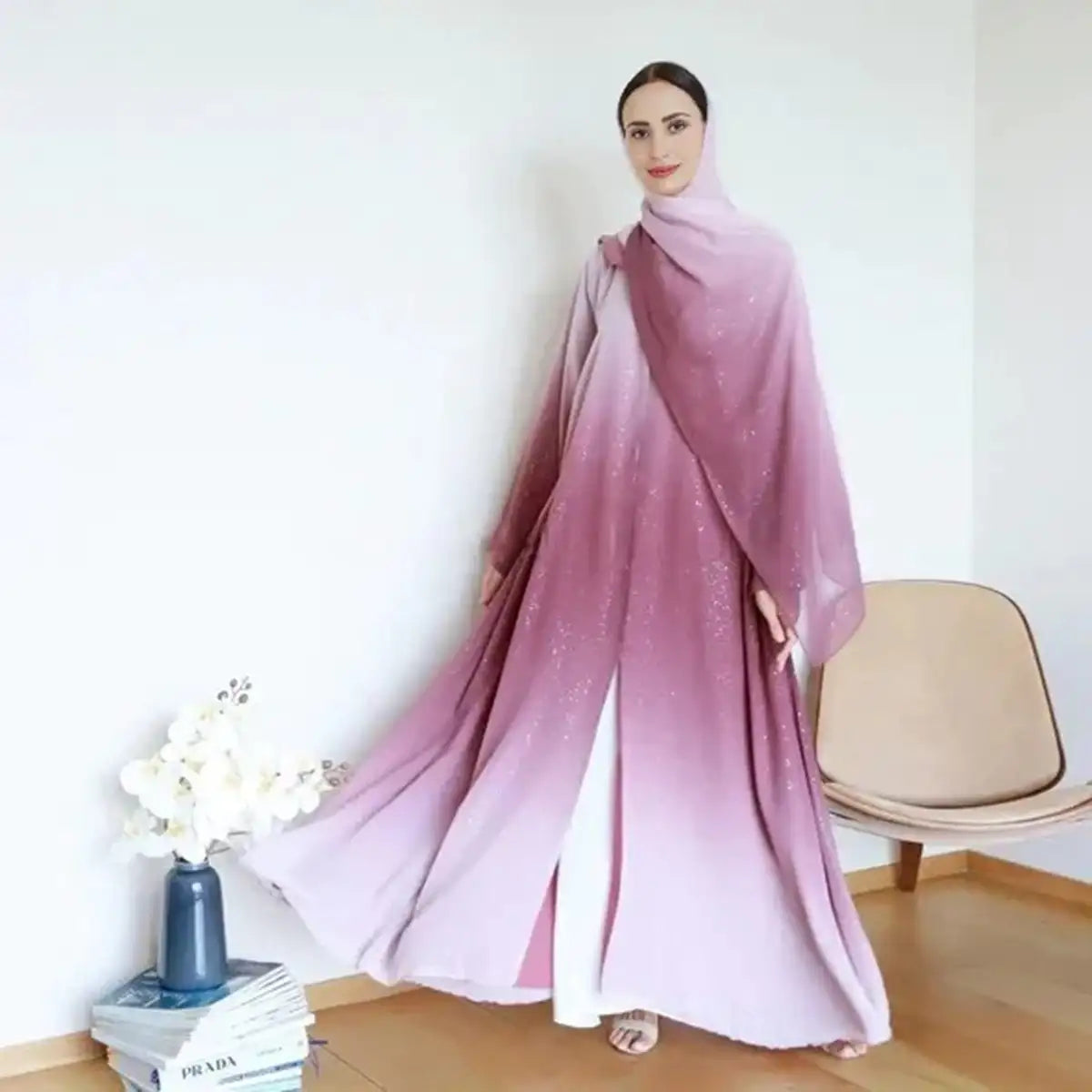 Ombre Gradient Glitter Chiffon Open Abaya Dress With Matching Hijab