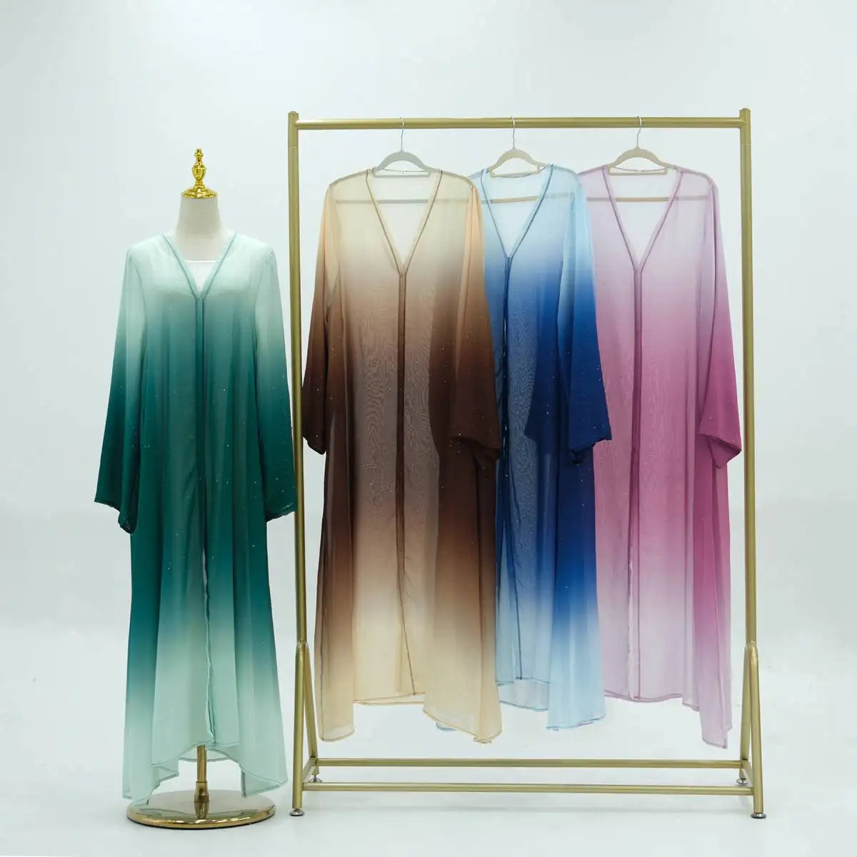 Ombre Gradient Glitter Chiffon Open Abaya Dress With Matching Hijab