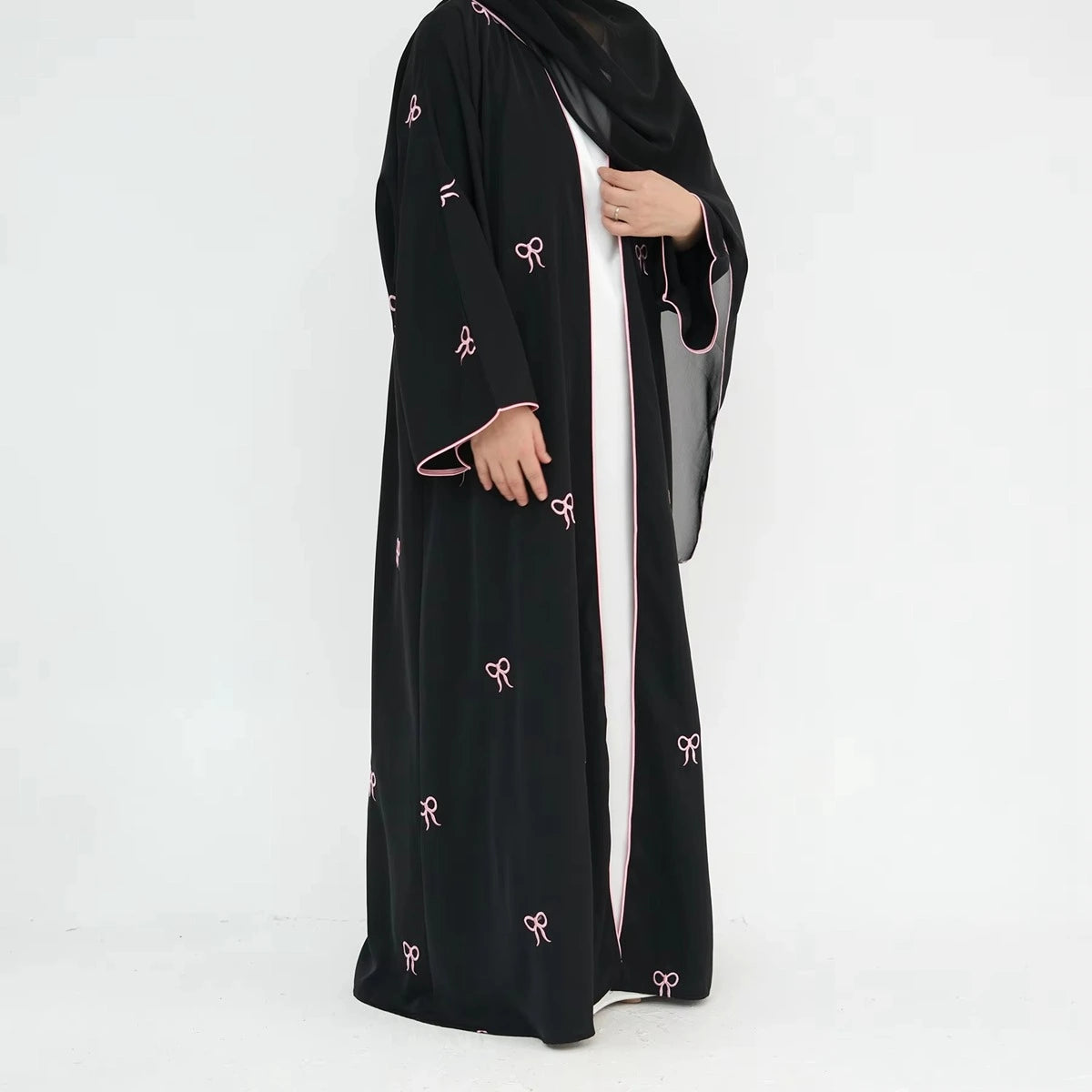 Bow Embroidery Nida Cardigan Open Abaya Dress #24910