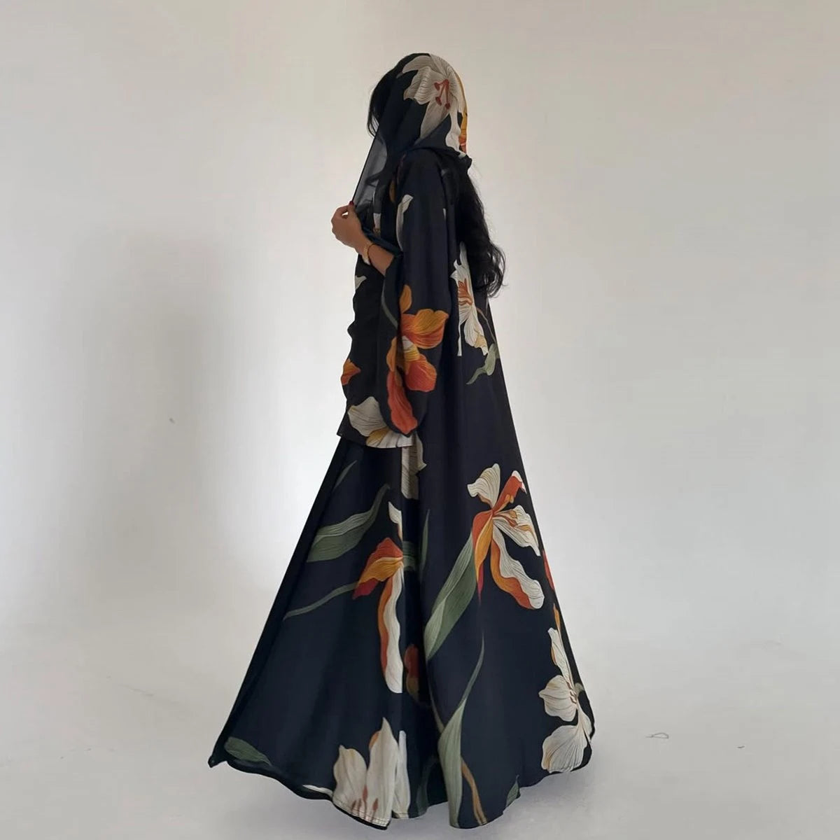 With Matching Hijab Printed Cardigan Open Abaya Dress For Muslim Women #25238