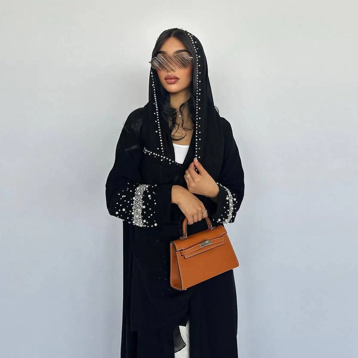 With Hijab Hotfix Rhinestone Beads Cardigan Open Abaya Dress