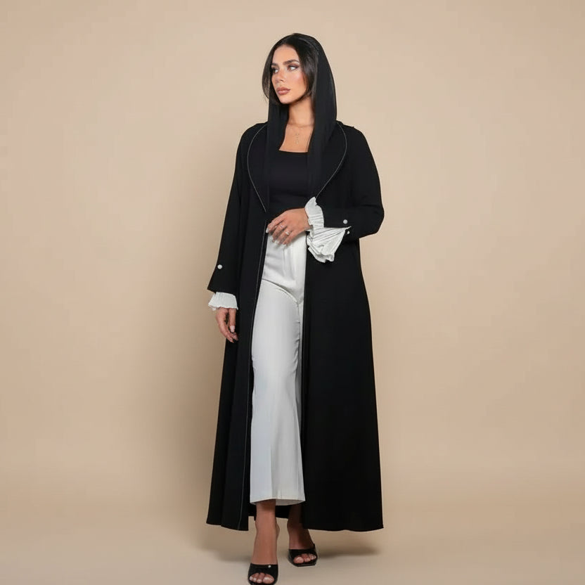 Cardigan Open Abaya Dress - Pleated Sleeve - Black - #25170