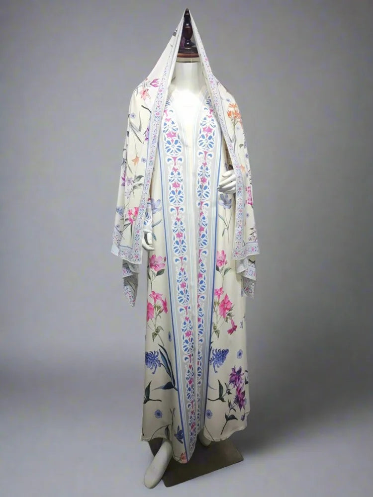 Printed Cardigan Open Abaya Dress With Matching Hijab #25223