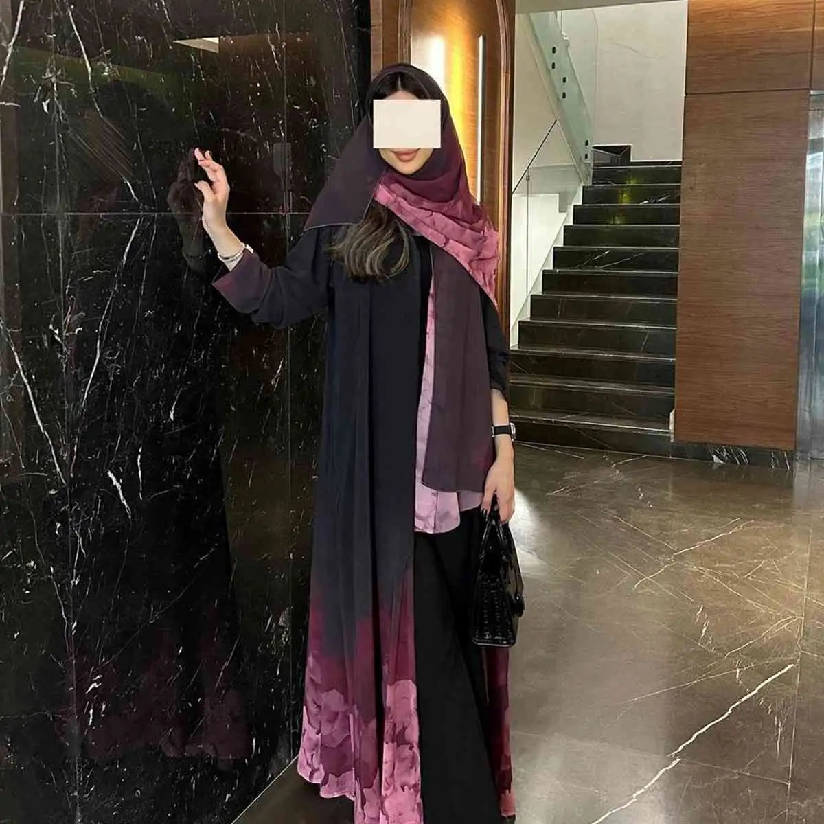 With Hijab Printed Chiffon Cardigan Open Abaya Dress